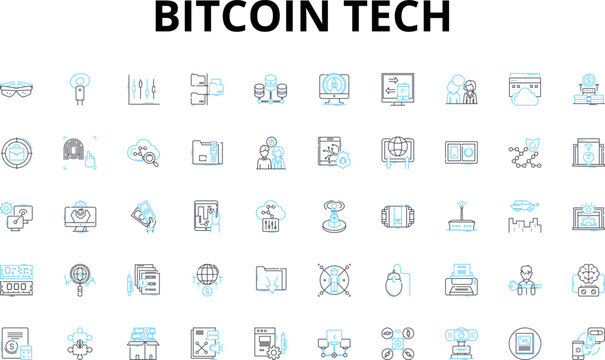 Bitcoin tech linear icons set. Cryptocurrency, Blockchain, Mining, Node, Hashrate, Satoshi, Digital vector symbols and line concept signs. Wallet,Ledger,Transaction illustration