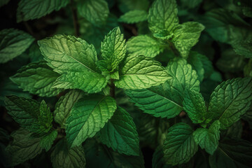 Fresh mint, tasty refreshing peppermint herb leaves closeup - obrazy, fototapety, plakaty