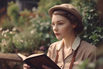 Fototapeta premium Stylish woman in 1930s clothes sits in garden and reading book, created with Generative AI Technology