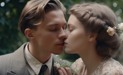Fototapeta premium Couple of man and woman in 1930 clothing style kissing in garden in summer time, created with Generative AI Technology