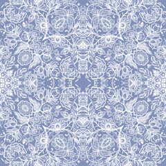 Fantasy flowers in retro, vintage, jacobean embroidery style. Seamless pattern, background. Vector illustration. In white on blue background.