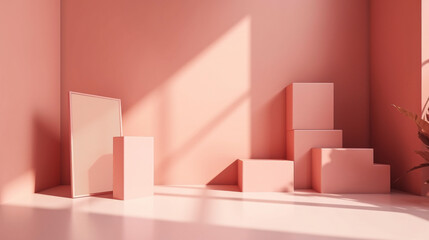 White cubes, podium on light pink tiled floor against a serene light pink wall with window and curtains. Natural light creates a calm ambiance. Perfect for interior design projects, product mockup