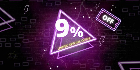 9% off limited special offer. Banner with nine percent discount on a black background with purple triangles neon