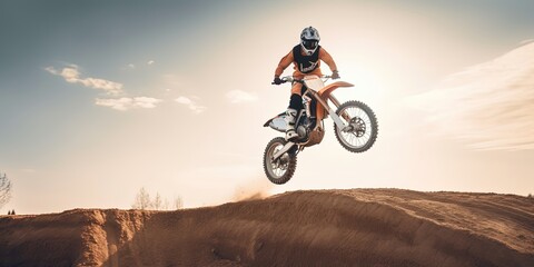 Fototapeta na wymiar extreme biker making a stunt and jumps in the air by ai generative