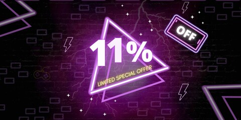 11% off limited special offer. Banner with eleven percent discount on a black background with purple triangles neon