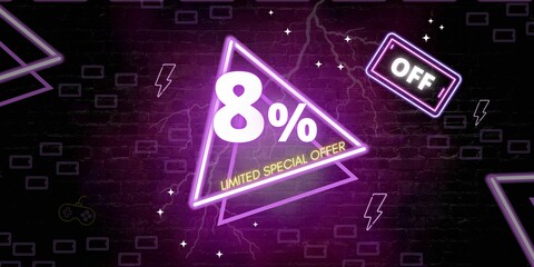 8% off limited special offer. Banner with eight percent discount on a black background with purple triangles neon