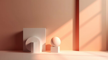 abstract architecture pastel peach podium with shadows, bright blue walls and 3d cubes light turquoise, natural lighting of sun, product mockup