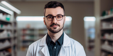 Obraz premium Male Pharmacist with glasses: A Blend of Casual Style and Professionalism in a Pharmacy blurry background with medication and pills. Generative AI