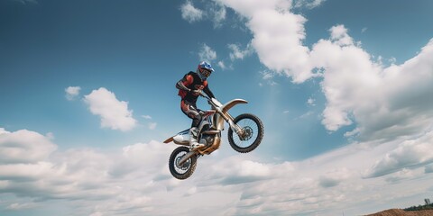 Fototapeta na wymiar extreme biker making a stunt and jumps in the air by ai generative