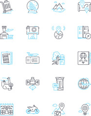 Landing strip linear icons set. Airport, Runway, Clearway, Tarmac, Apron, Taxiway, Airliner line vector and concept signs. Pavement,Jetway,Terminal outline illustrations