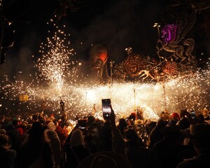 Diables and correfocs A catalan tradicion with fireworks and drums - obrazy, fototapety, plakaty