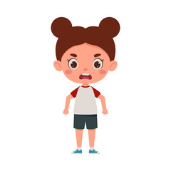 Cute cartoon little angry girl. Little schoolgirl character. Vector illustration