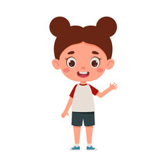 Cute cartoon little girl waving her hand. Little schoolgirl character. Vector illustration