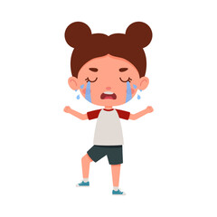 Cute little kid girl cry. Cartoon schoolgirl character show facial expression. Vector illustration