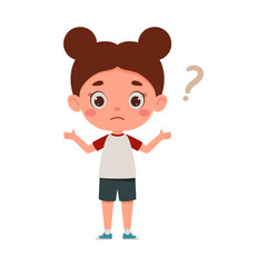 Obraz premium Cute little kid girl confused with question mark. Cartoon schoolgirl character show facial expression. Vector illustration