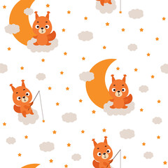 Cute little squirrel sleeping on cloud seamless childish pattern. Funny cartoon animal character for fabric, wrapping, textile, wallpaper, apparel. Vector illustration