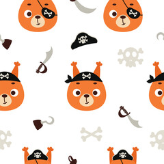 Naklejka premium Cute little pirate squirrel head seamless childish pattern. Funny cartoon animal character for fabric, wrapping, textile, wallpaper, apparel. Vector illustration