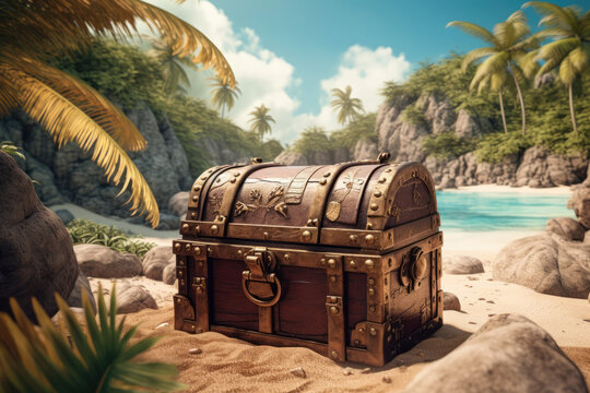 Treasure chest on tropical beach, pirate riches hidden in sand