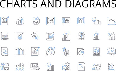 Charts and diagrams line icons collection. Numbers figures, Maps blueprints, Facts statistics, Information data, Numbers digits, Tables grids, Diagrams schematics vector and linear illustration