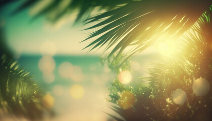 Obraz na płótnie Canvas Blurred ocean and palm leaf background with bokeh effect. Tropical vacation concept. Generative AI.
