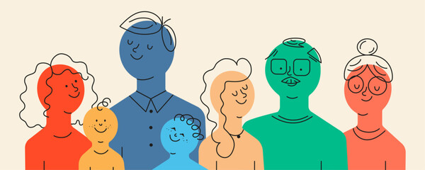 Large family of seven, in a flat design style. Mom, dad, children, grandparents in bright colors. Vector illustration.