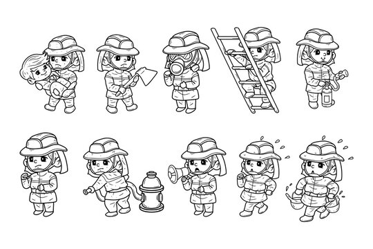Set of fireman character hand drawn outline sketch illustration