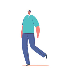 Happy Male Character Wear Casual Clothes And Cap Walking Confidently With A Bounce In His Step. Cheerful Man Walker