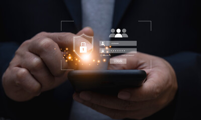 Cyber ​​security and privacy concept to protect data. lock icon and internet network security technology Businessman protecting personal data on laptop and virtual interface.