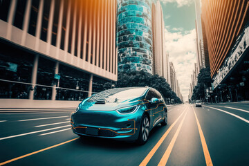 Futuristic electric car with autopilot drives through the city. Electric vehicle concept. AI Generative