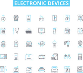 Electronic devices linear icons set. Smartph, Tablet, Laptop, Desktop, Smartwatch, Headphs, Speakers line vector and concept signs. Camera,Dr,Gaming outline illustrations