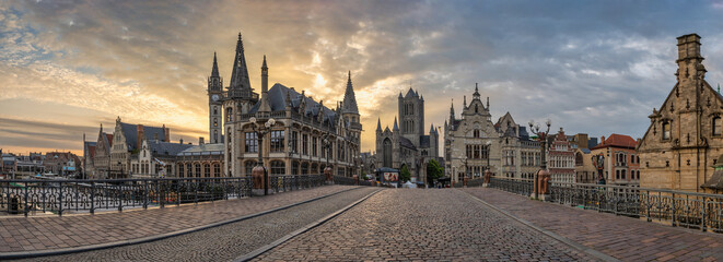 Ghent Belgium, panorama sunrise city skyline at St Michael's Bridge (Sint-Michielsbrug) © Noppasinw