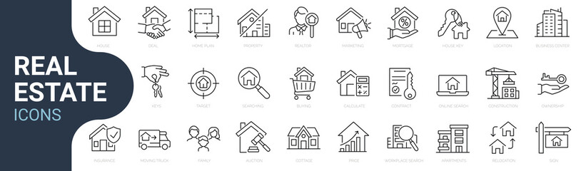 Set of line icons related to real estate, property, buying, renting, house, home. Outline icon collection. Editable stroke. Vector illustration. Linear business symbols - obrazy, fototapety, plakaty