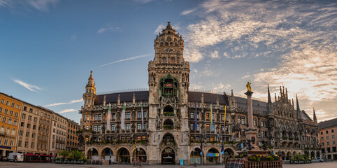 Munich (Munchen) Germany, panorama sunrise city skyline at Marienplatz new Town Hall Square