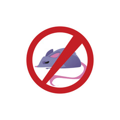 Aggressive gray rat with long tail, red circle with line cross out flat style