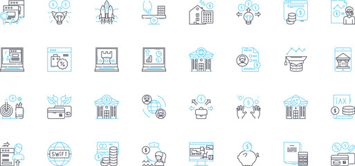 Investment firms linear icons set. Portfolio, Asset, Capital, Advisory, Equity, Risk, Strategy line vector and concept signs. Diversification,Return,Shares outline illustrations