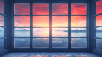 Large window overlooking the sea at sunset, generative AI.