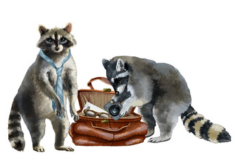 Journey of funny raccoons. For printing cards, posters, website design and more. A raccoon in a tie and a raccoon with a camera and a bag with tickets. From the collection JOURNEY OF THE RACCOON