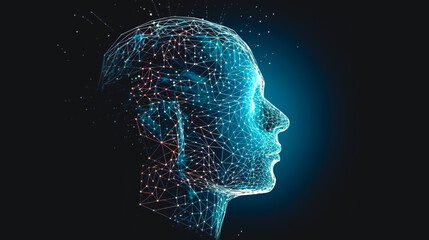Male profile silhouette with abstract polygonal brain, generative AI.
