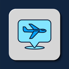 Filled outline Plane icon isolated on blue background. Flying airplane icon. Airliner sign. Vector
