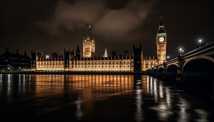 Fototapeta na wymiar Cityscape at Night in London with View from Bridge on Big Ben and House of Parliament