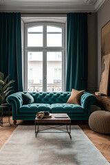 A blue couch sitting in a living room. Interior design. Generative AI
