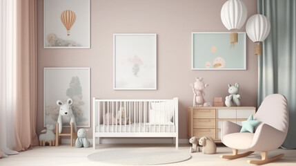 Naklejka na ściany i meble modern minimalist nursery room style. Baby room interior in light colours, generative AI