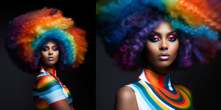 Afroamerikanische Frau in Designer Mode und poppiger bunter Haar Frisur, Gesicht Nahaufnahme im Portr&auml;t, ai generativ