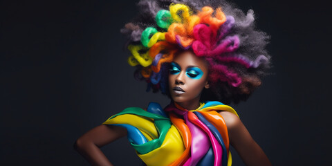 Afroamerikanische Frau in Designer Mode und poppiger bunter Haar Frisur, Gesicht Nahaufnahme im Porträt, ai generativ