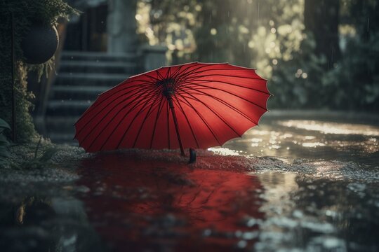 Floodwater surrounds a red umbrella. Generative AI
