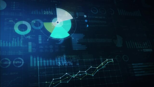 Financial Business Diagram with Charts Stock Numbers Showing Profits and Losses Over Time.  Economy Graph and Data Animation Hi-Tech Style Elements and Grids. Blue.