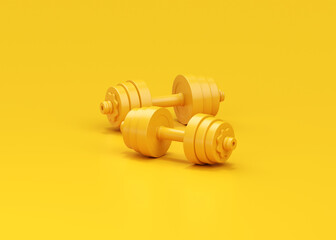 Dumbbell 3d render icon - yellow gym equipment, realistic fitness barbell for fit execise accessories