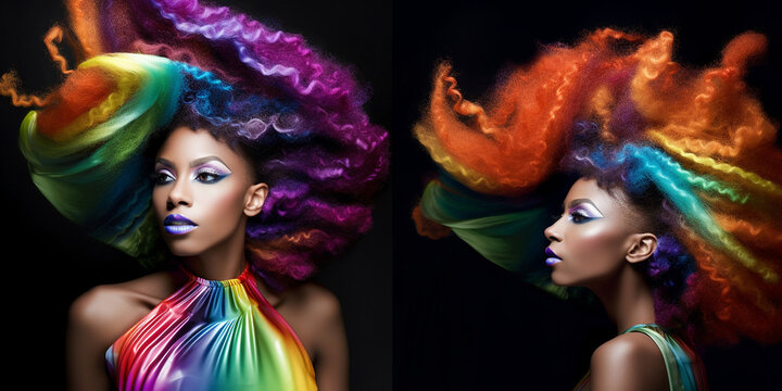 Afroamerikanische Frau in Designer Mode und poppiger bunter Haar Frisur, Gesicht Nahaufnahme im Portr&auml;t, ai generativ