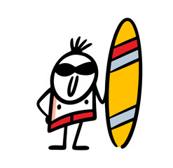 Fashionable surfer in red swimming trunks, sunglasses holds a surfboard in the ocean.