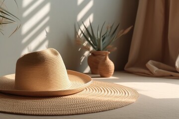 Summer flat lay with straw hat. beige warm neutral background with palm leaf shadow, sun and sunlight. Vacation, holiday, summer creative minimal concept